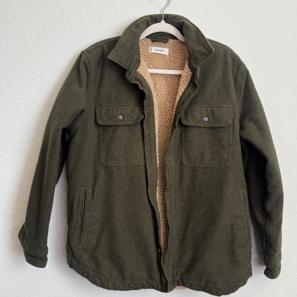 Everlane Mens Olive Green Sherpa Lined Organic Cotton Flannel Chore Jacket L